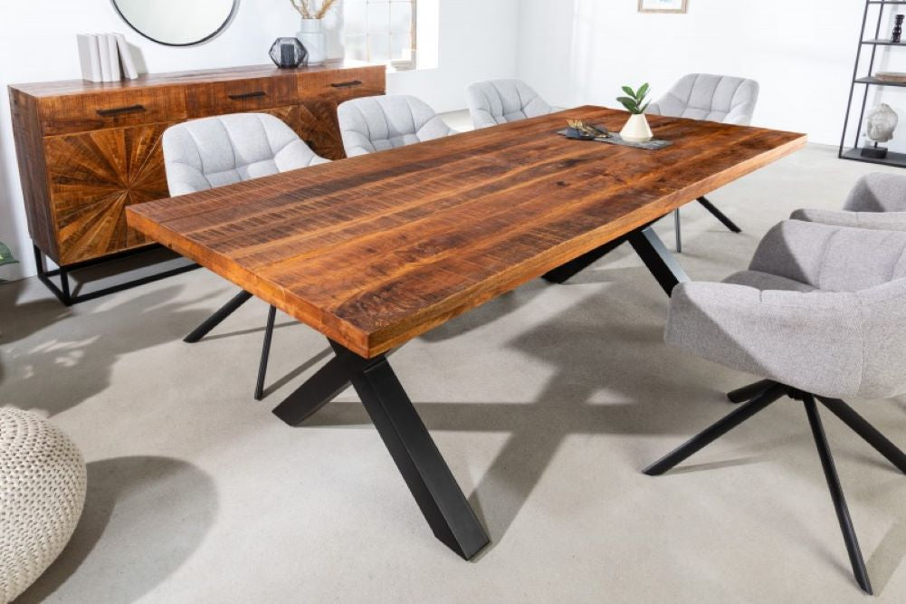 Industrie-Design Esstisch FLAMMA 180cm Mangoholz X-Gestell