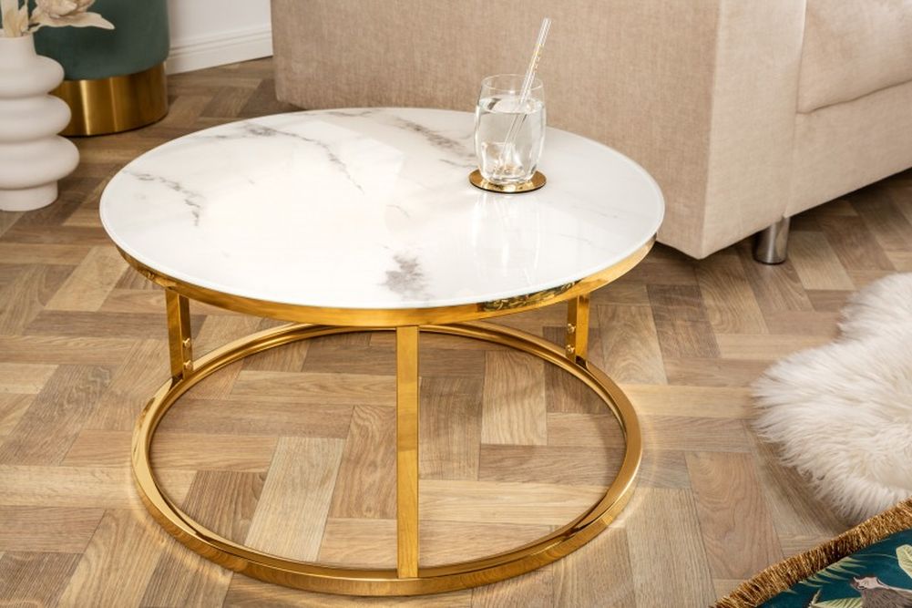 Eleganter Couchtisch MARMO 60cm weiss Marmor-Dekor goldenes Gestell