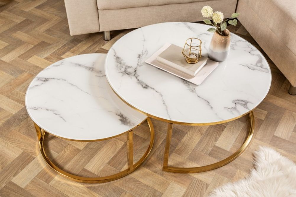 Eleganter Couchtisch MARMO 60cm weiss Marmor-Dekor goldenes Gestell