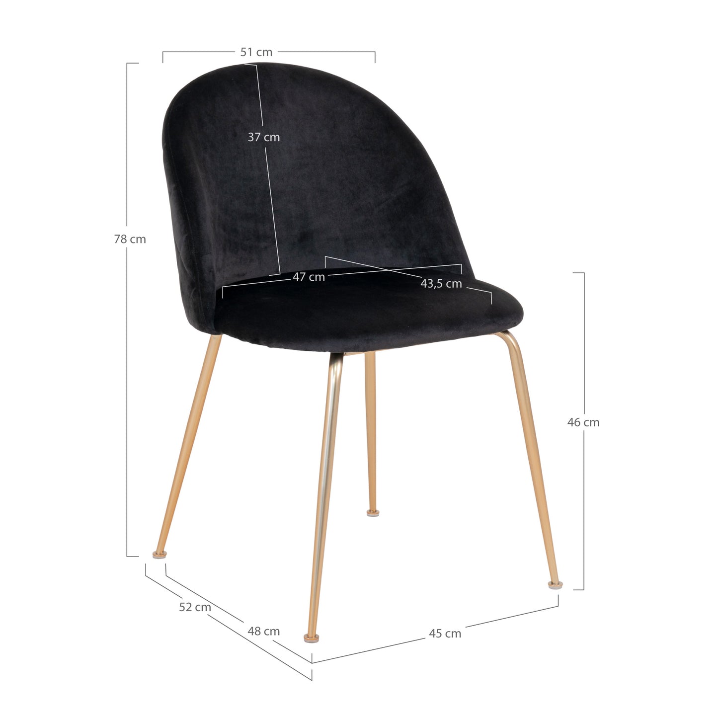 Eleganter Stuhl GENF  (2er Set) schwarz Samt - Beine in Messing-Look