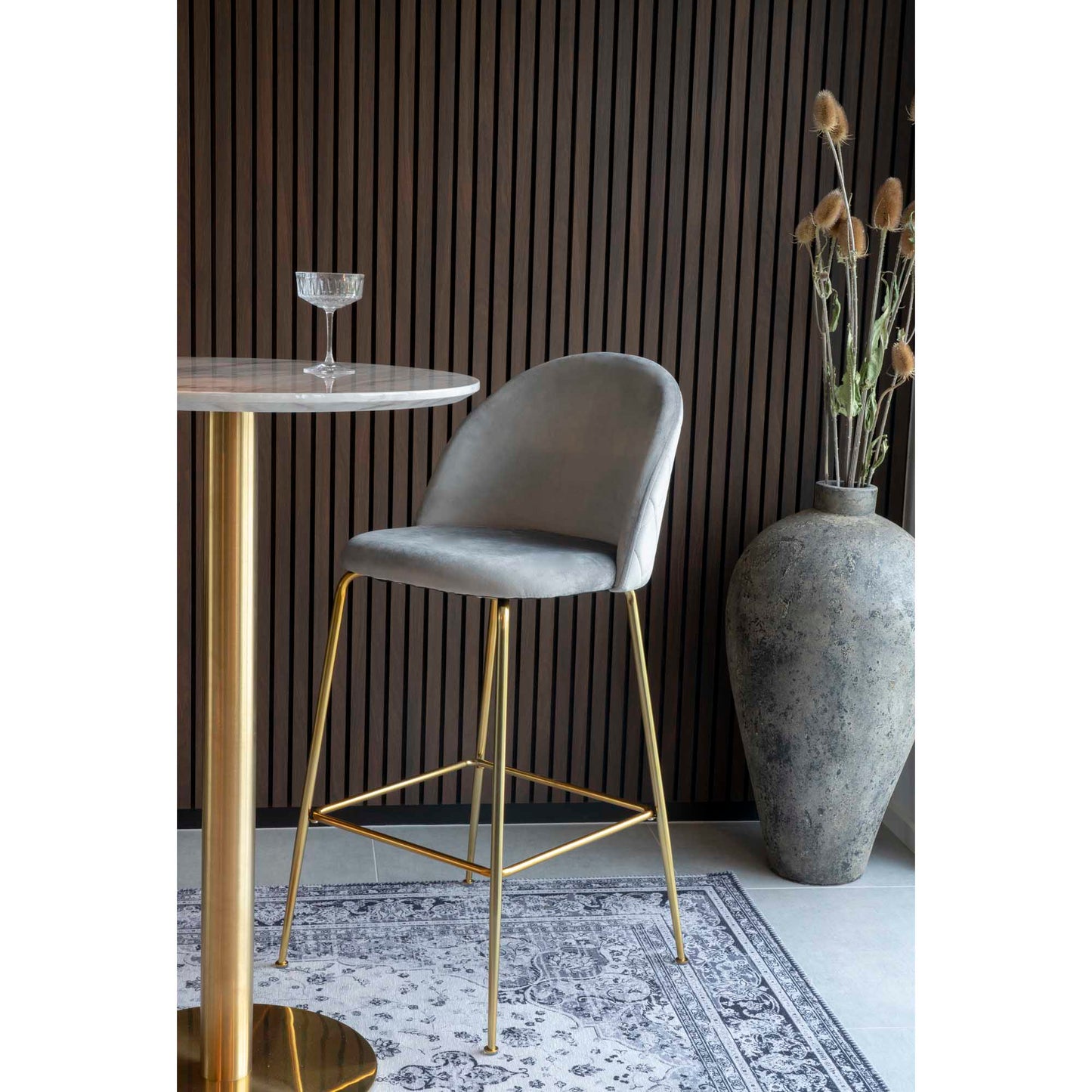 Edler Barstuhl TOULOUSE  (2er Set) grau Samt Beine in Messing-Look