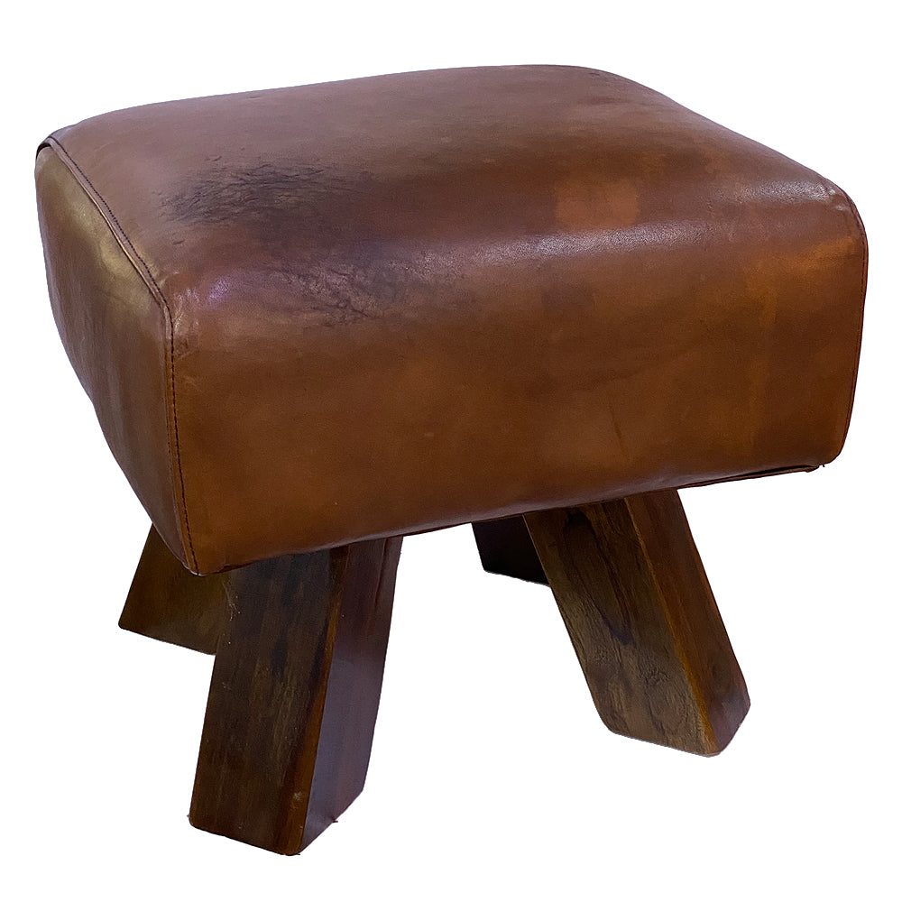 Leder Hocker MAXI-S Cognac ca. L40cm Teak – LebensWohnArt