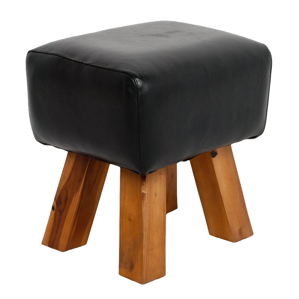 Leder Hocker MAXI Schwarz 40cm Teakholz Turnbock