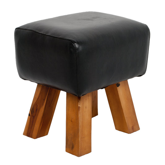 Leder Hocker MAXI Schwarz 40cm Teakholz Turnbock
