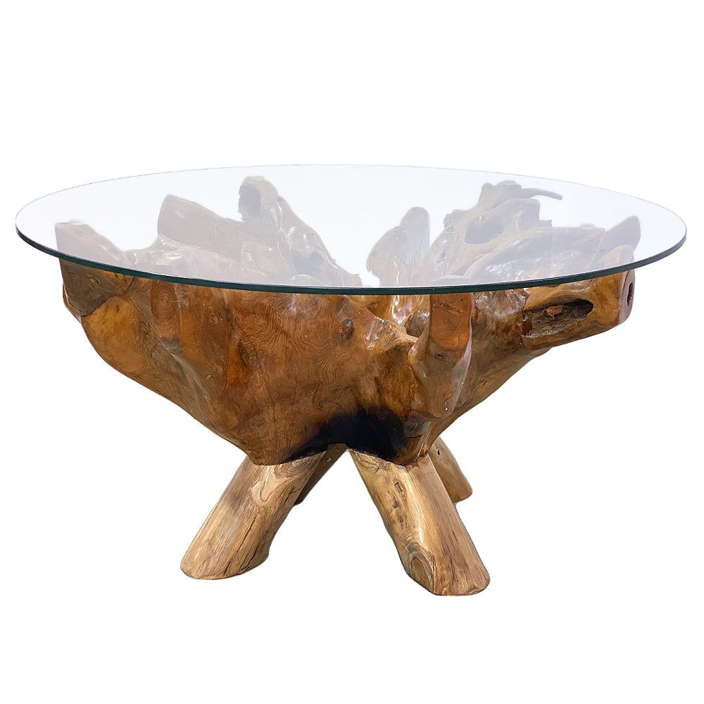 Individueller Teak Couchtisch ZONAS natural 80cm mit Glasplatte