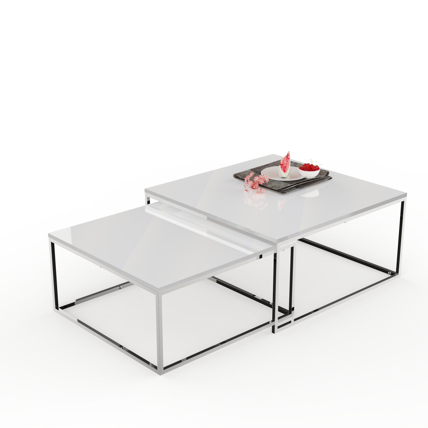 2er Set Design Couchtisch MENTO weiss hochglanz 60cm Edelstahl