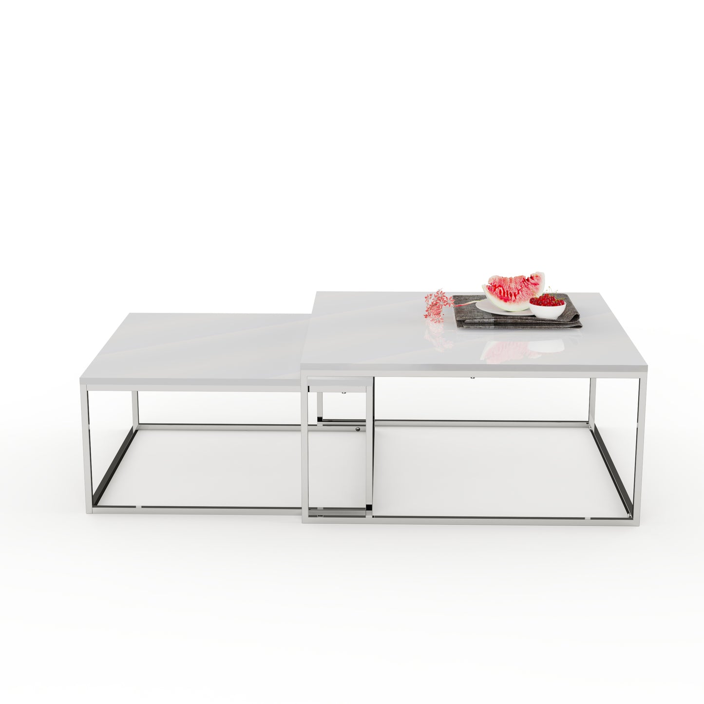 2er Set Design Couchtisch MENTO weiss hochglanz 60cm Edelstahl