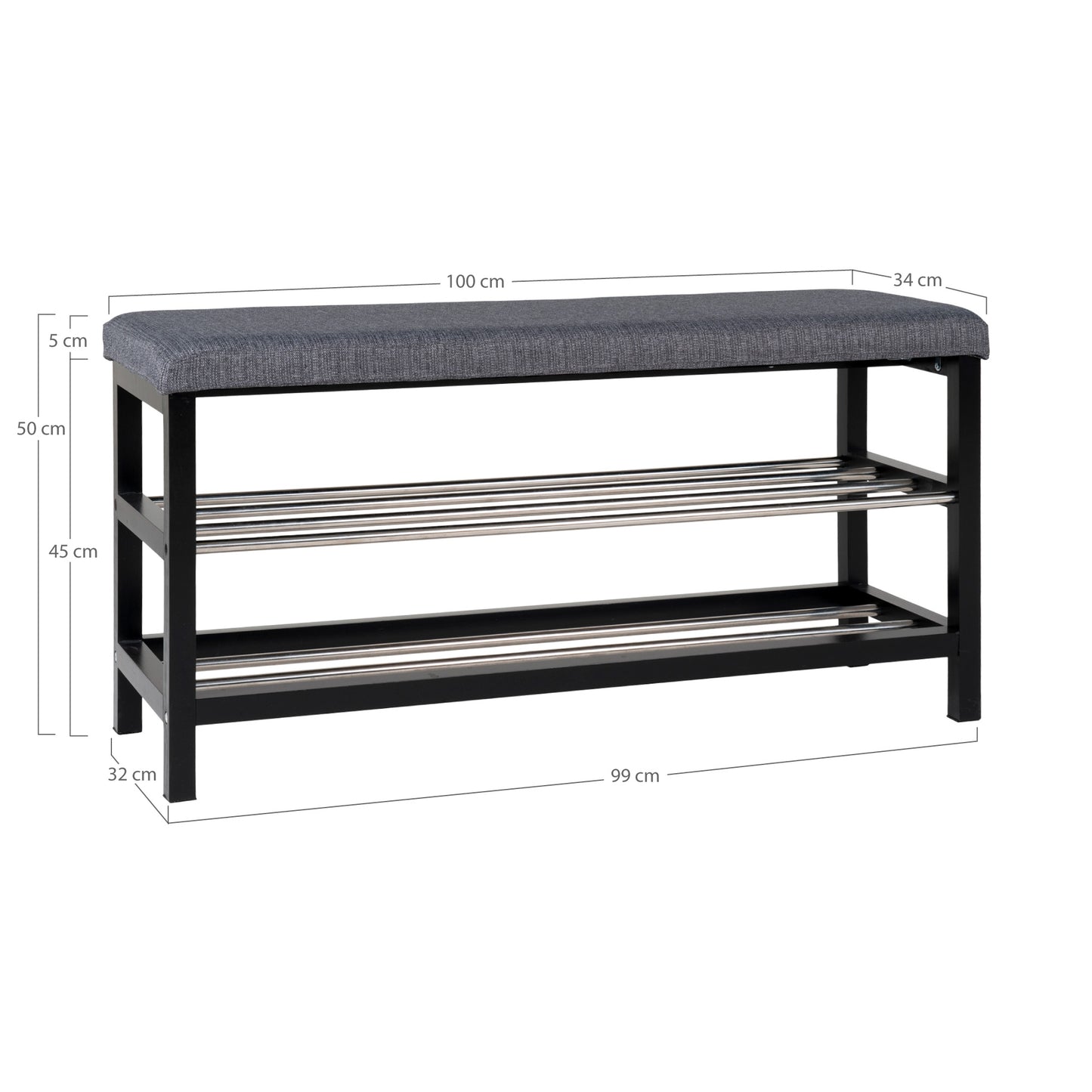 Moderne Bank DOVER grau/schwarz zwei Regalböden ca. 100cm
