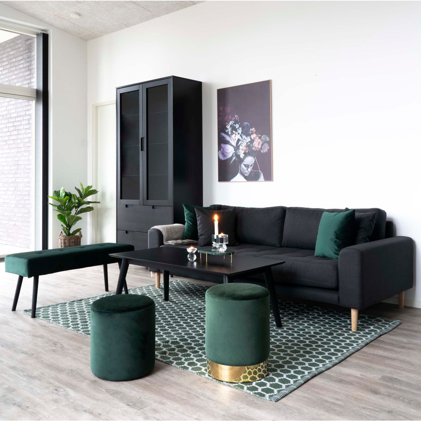 Eleganter Hocker CHANTAL 43cm grün Samt