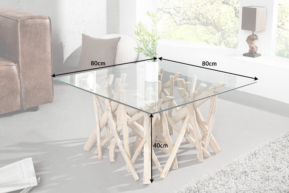 Teakholz Couchtisch DRIFT 80x80cm (oder kleiner) Glasplatte Natural