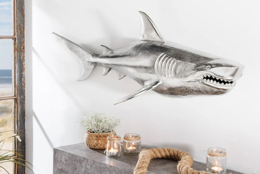 Wanddeko Haifisch 105cm SHARK silber Aluminium Maritim rechts