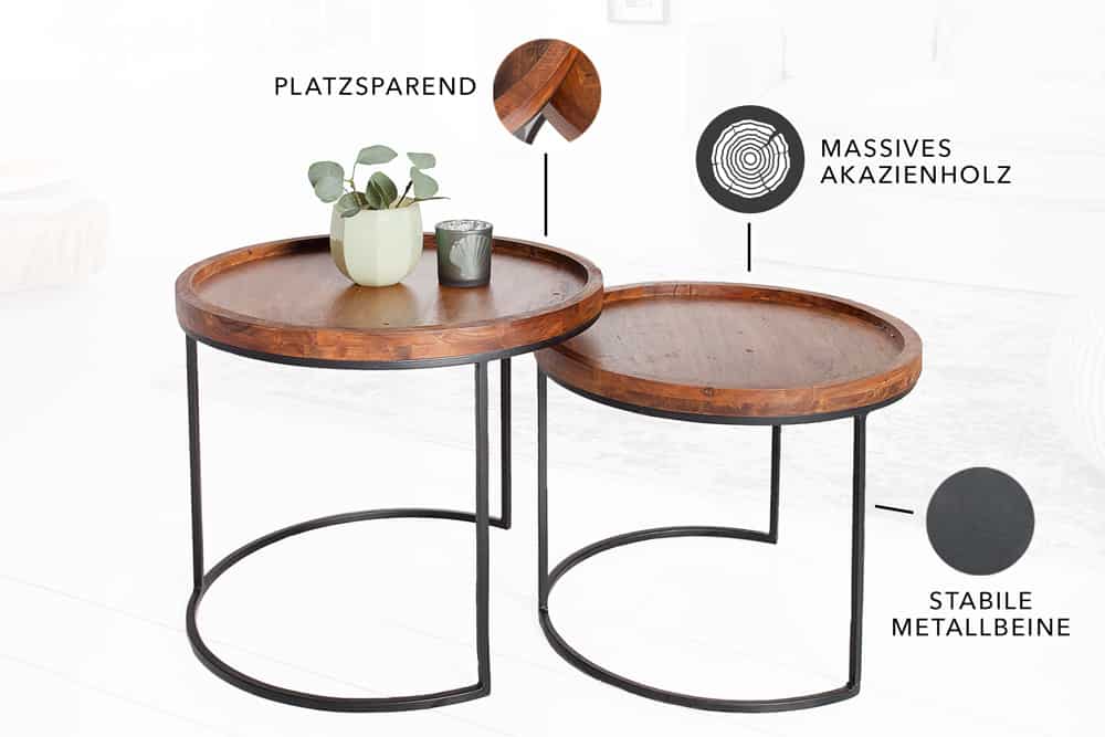 2er-Set Beistelltische FABACEA 55cm Akazie Massivholz & Metall