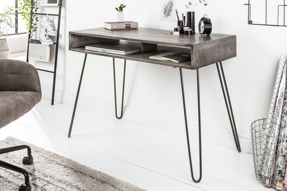 Industrie-Look Schreibtisch ALINA 100cm grau Mangoholz Metallbeine