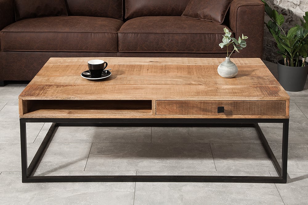 Couchtisch mit Schublade AMBA 100cm Mangoholz Metallbeine