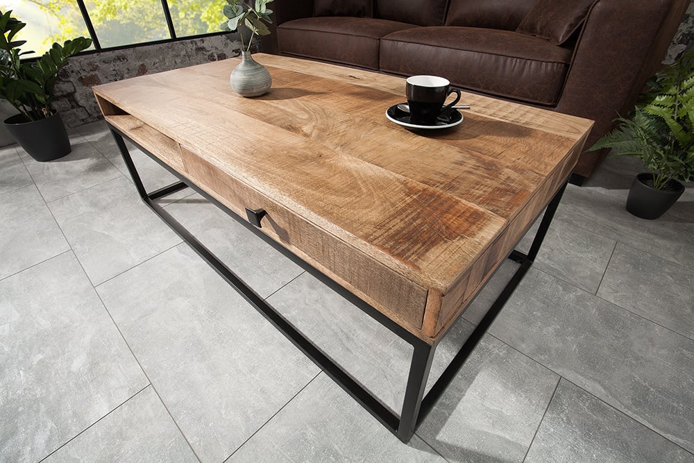 Couchtisch mit Schublade AMBA 100cm Mangoholz Metallbeine
