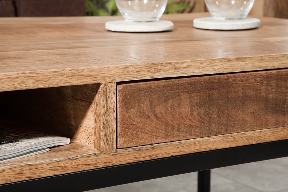 Couchtisch mit Schublade AMBA 100cm Mangoholz Metallbeine