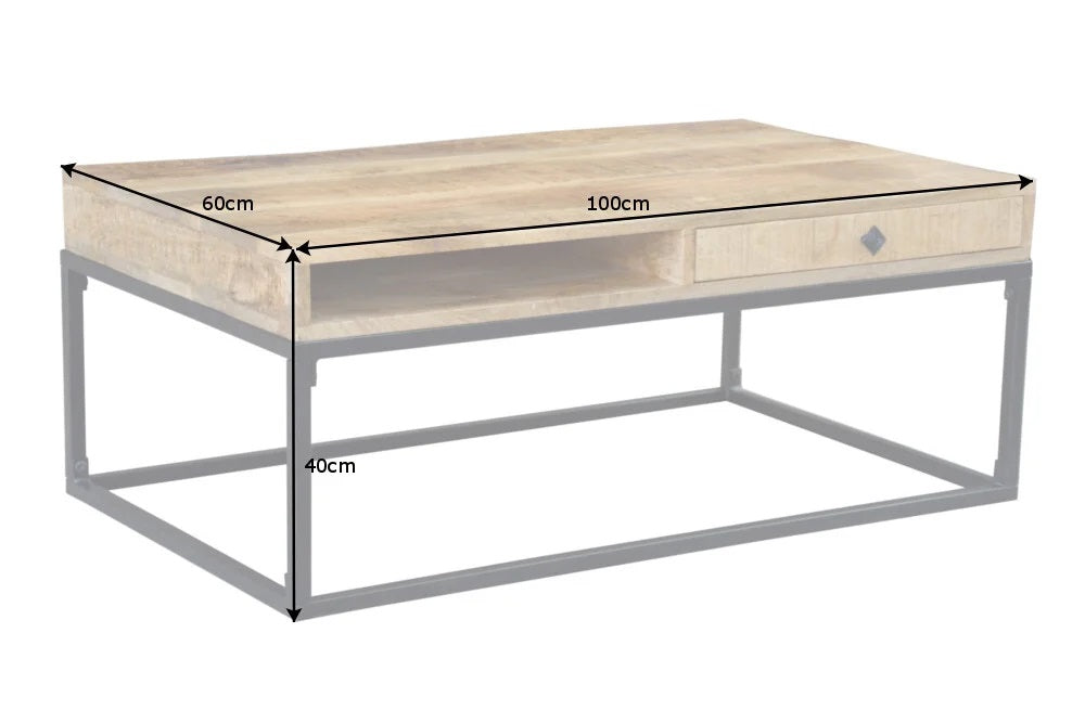 Couchtisch mit Schublade AMBA 100cm Mangoholz Metallbeine