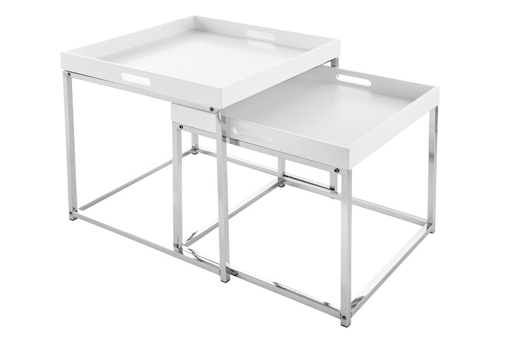 2er Beistelltisch-Set MENTO weiss abnehmbare Tabletts 50cm Chrom