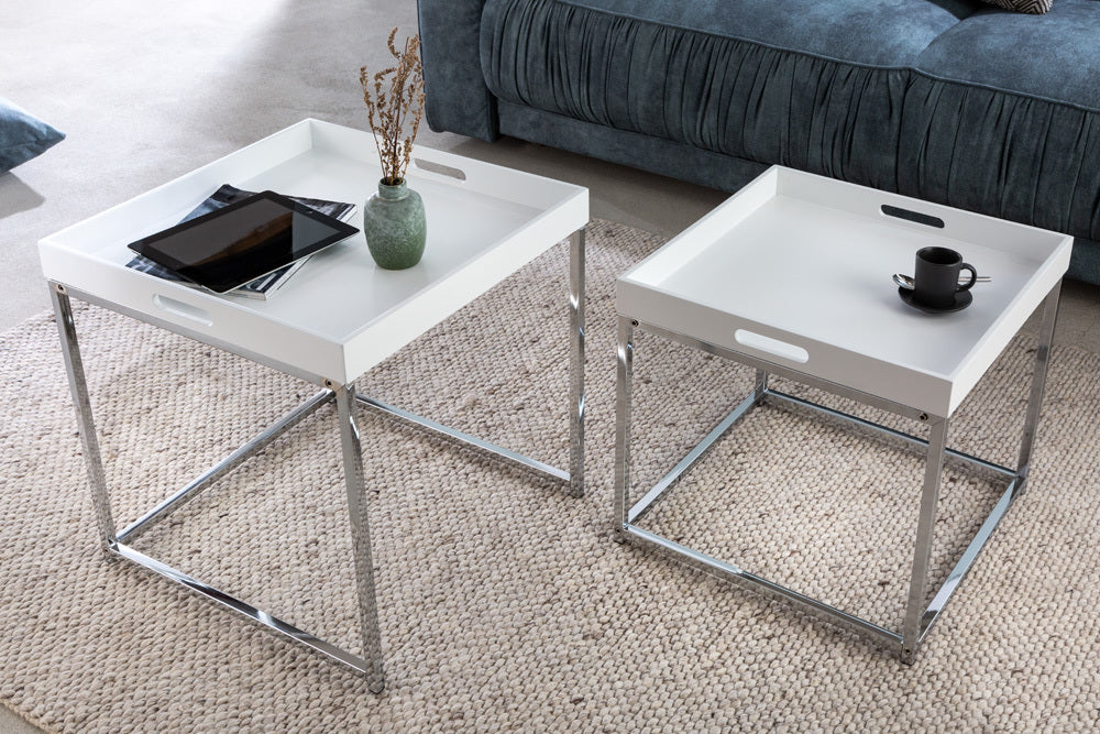 2er Beistelltisch-Set MENTO weiss abnehmbare Tabletts 50cm Chrom