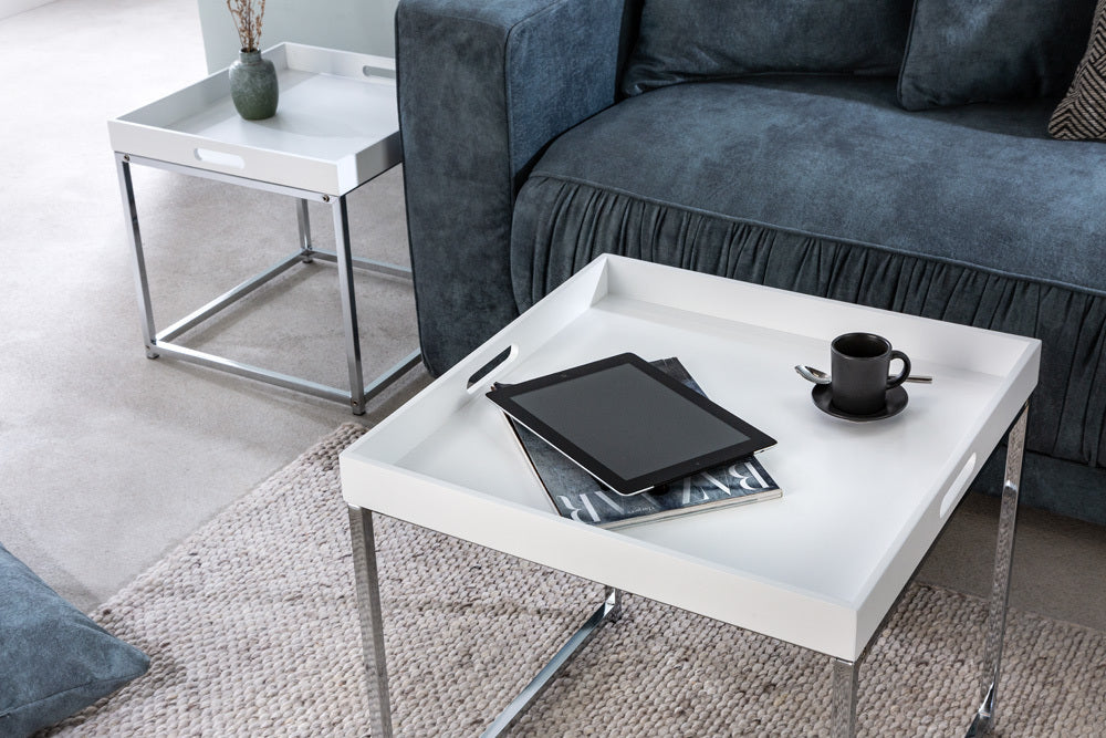 2er Beistelltisch-Set MENTO weiss abnehmbare Tabletts 50cm Chrom