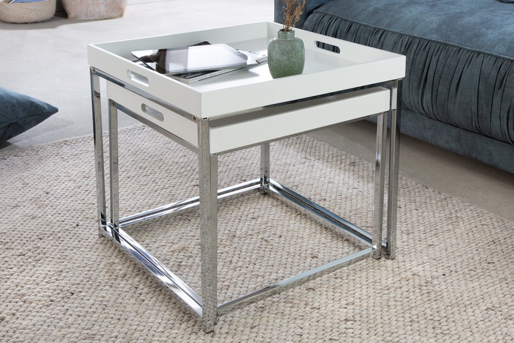 2er Beistelltisch-Set MENTO weiss abnehmbare Tabletts 50cm Chrom