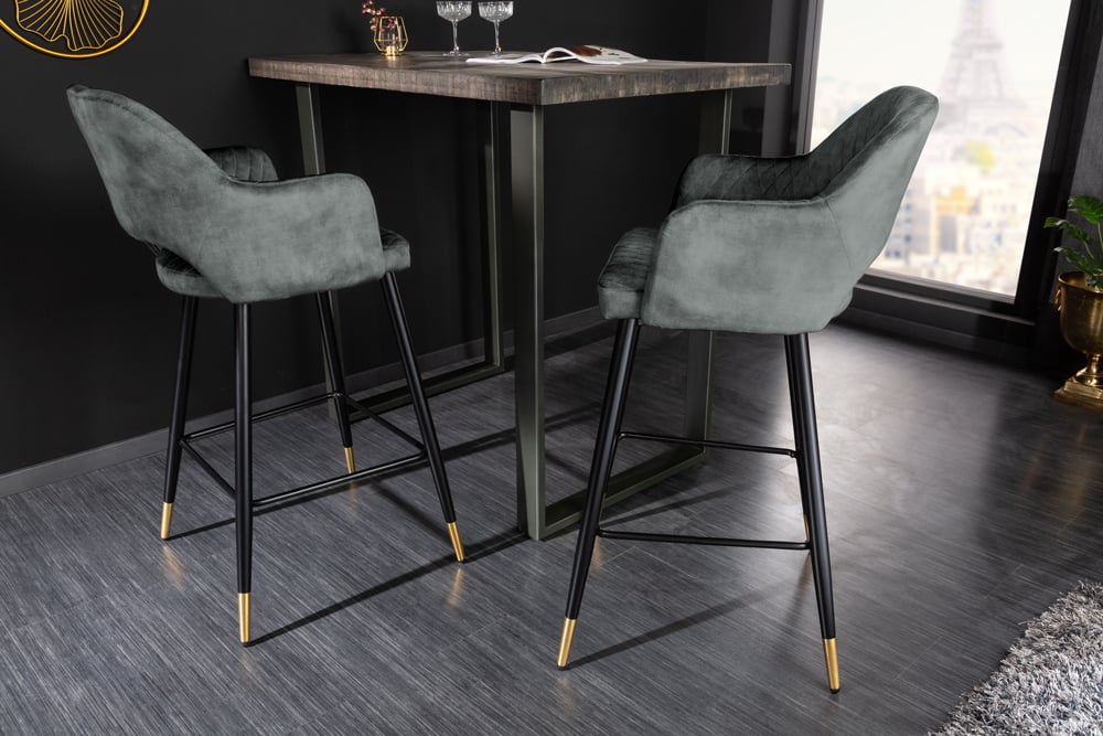 Design Barhocker FRANCE grau-grün Ziersteppung Armlehnen