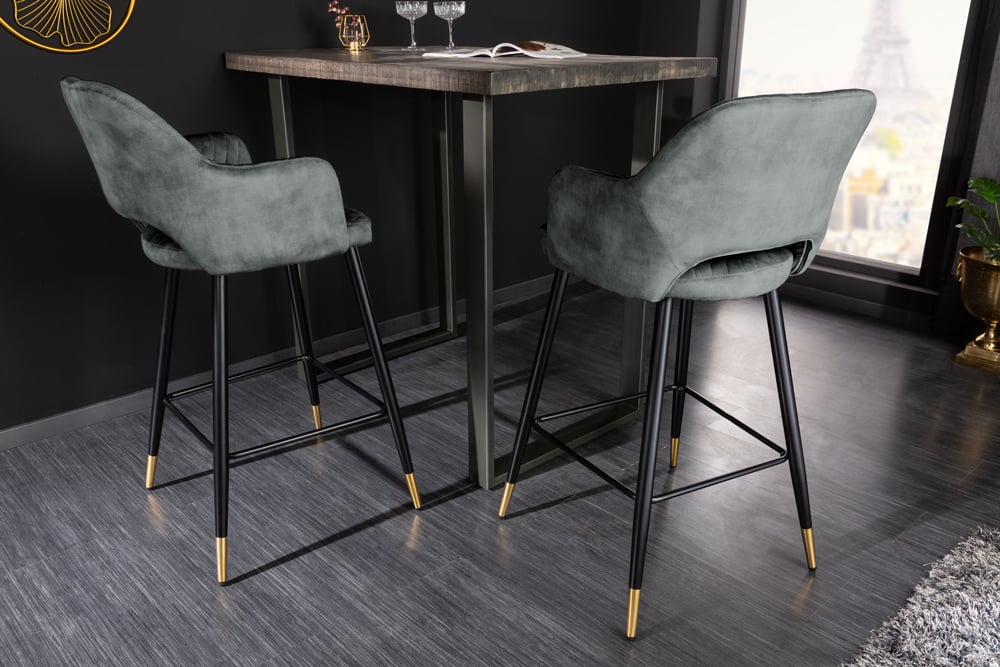 Design Barhocker FRANCE grau-grün Ziersteppung Armlehnen