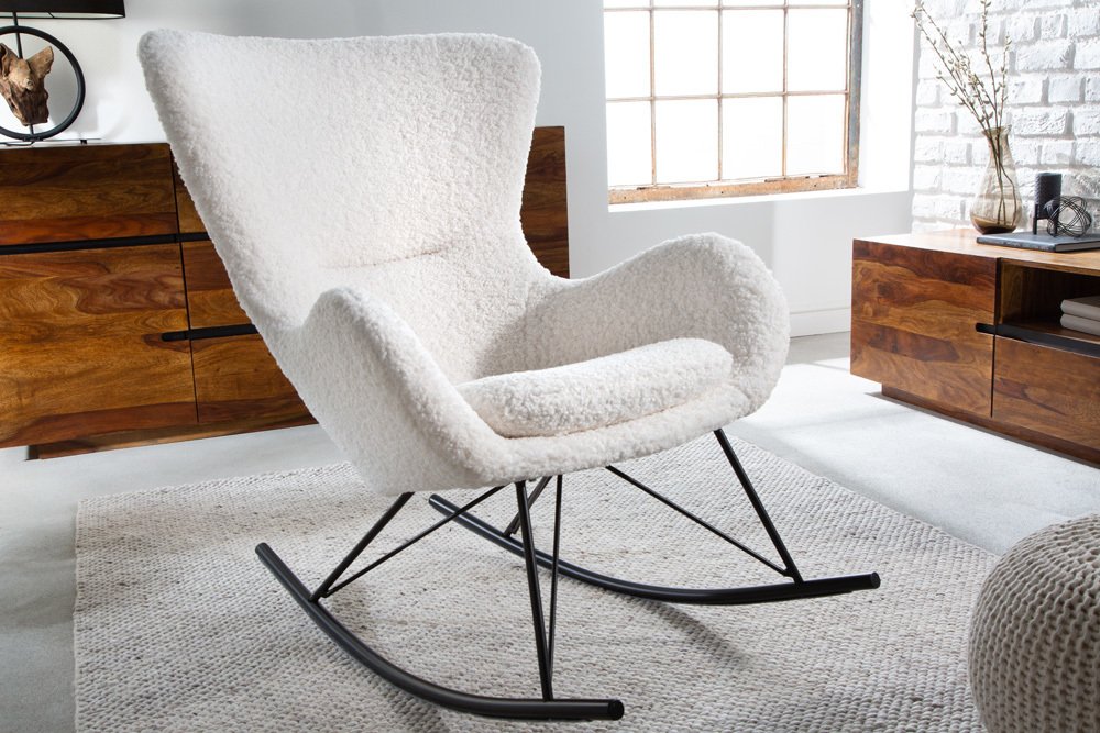 Bequemer Schaukelstuhl HYGGE weiss Bouclé Sessel – LebensWohnArt