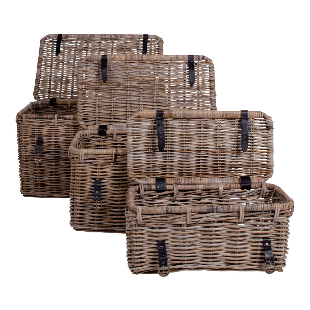 3 tlg.Truhen-Set KOPED Kubu-Rattan + Ledergriffen