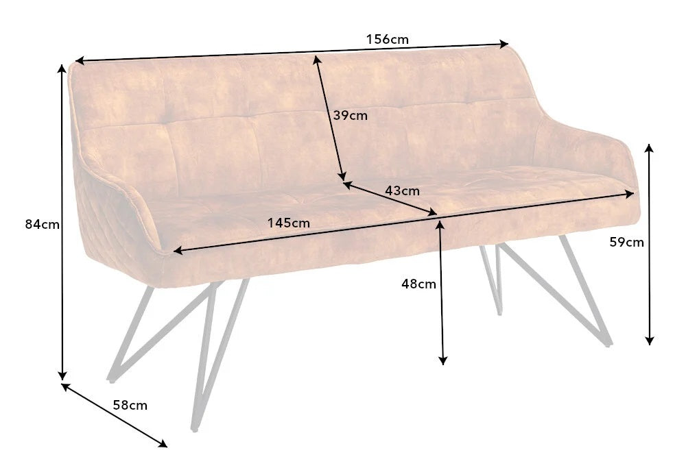 Elegante Sitzbank HORA ca.160cm Samt ocker-gelb Retrostil Armlehnen