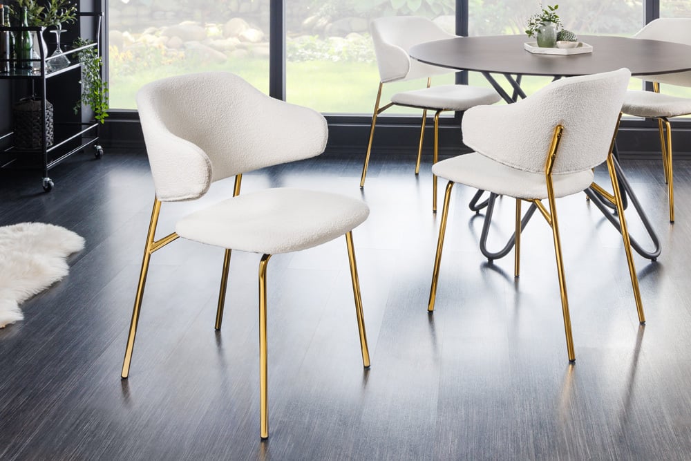 Moderner Stuhl MODA weiss Bouclé goldene Metallbeine