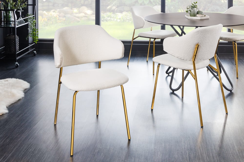 Moderner Stuhl MODA weiss Bouclé goldene Metallbeine