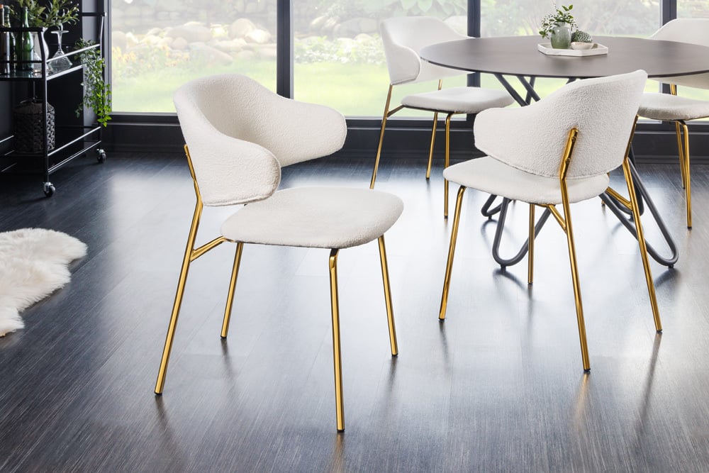 Moderner Stuhl MODA weiss Bouclé goldene Metallbeine