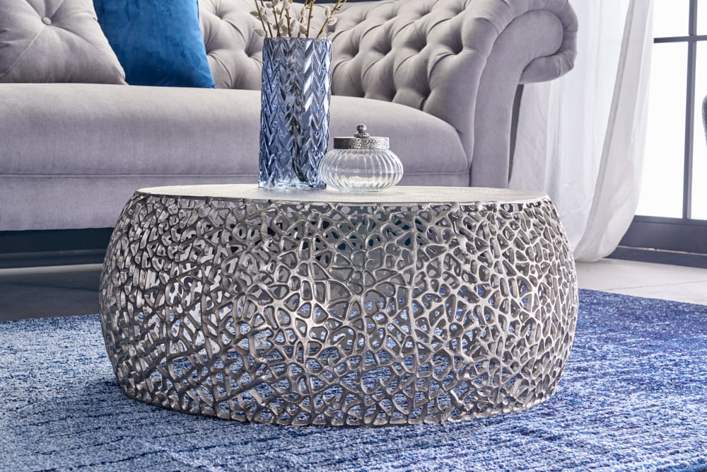 Extravaganter Couchtisch RIXOS ca.73cm silber Metall Handarbeit – LebensWohnArt