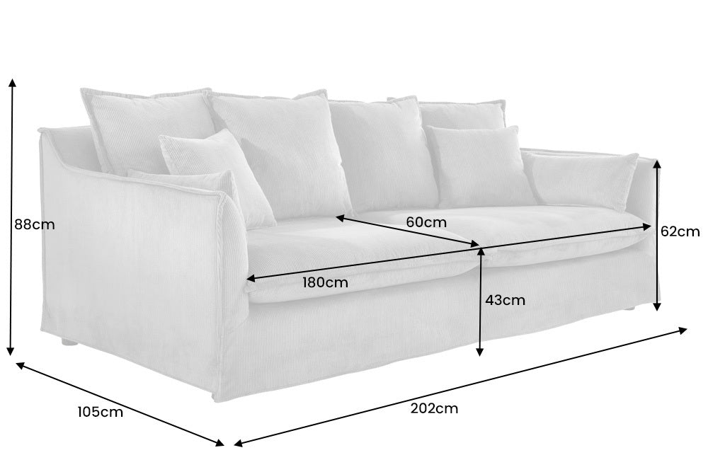 Hussensofa 3-Sitzer PARADISO 200cm Cord grau Federkern