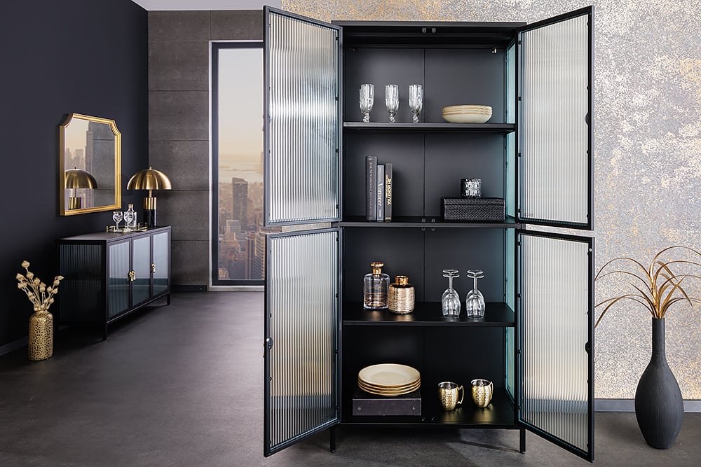 Moderner Vitrinen-Schrank TRIADO 180cm schwarz Metall Riffelglas – LebensWohnArt