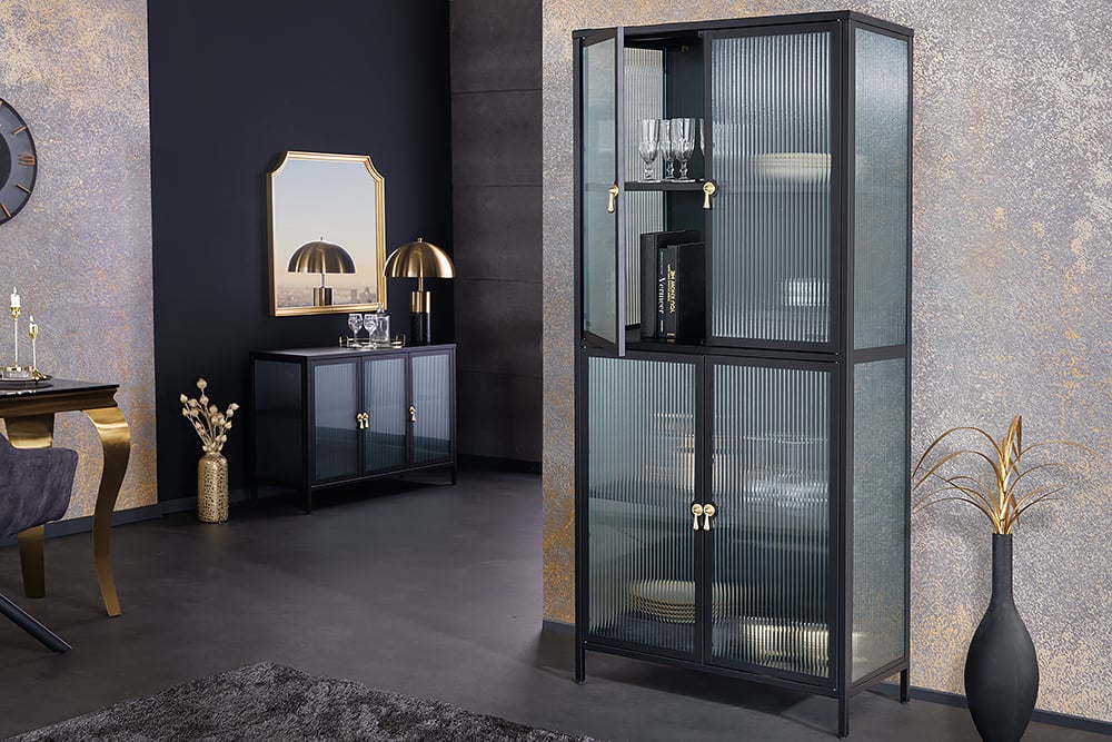 Moderner Vitrinen-Schrank TRIADO 180cm schwarz Metall Riffelglas