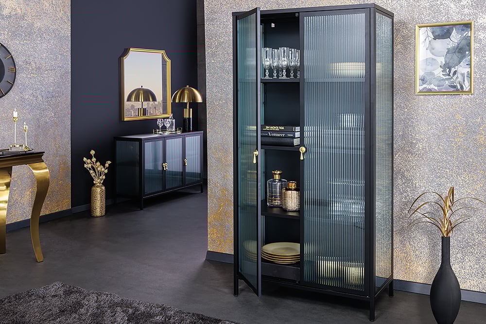 Moderner Vitrinen-Schrank TRIADO 160cm schwarz Metall Riffelglas