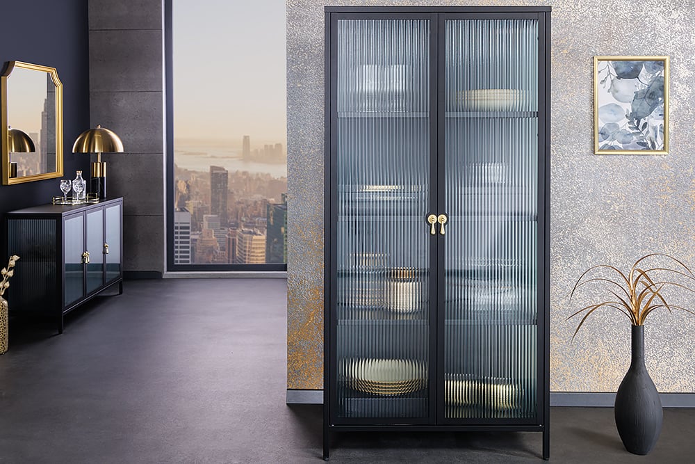 Moderner Vitrinen-Schrank TRIADO 160cm schwarz Metall Riffelglas