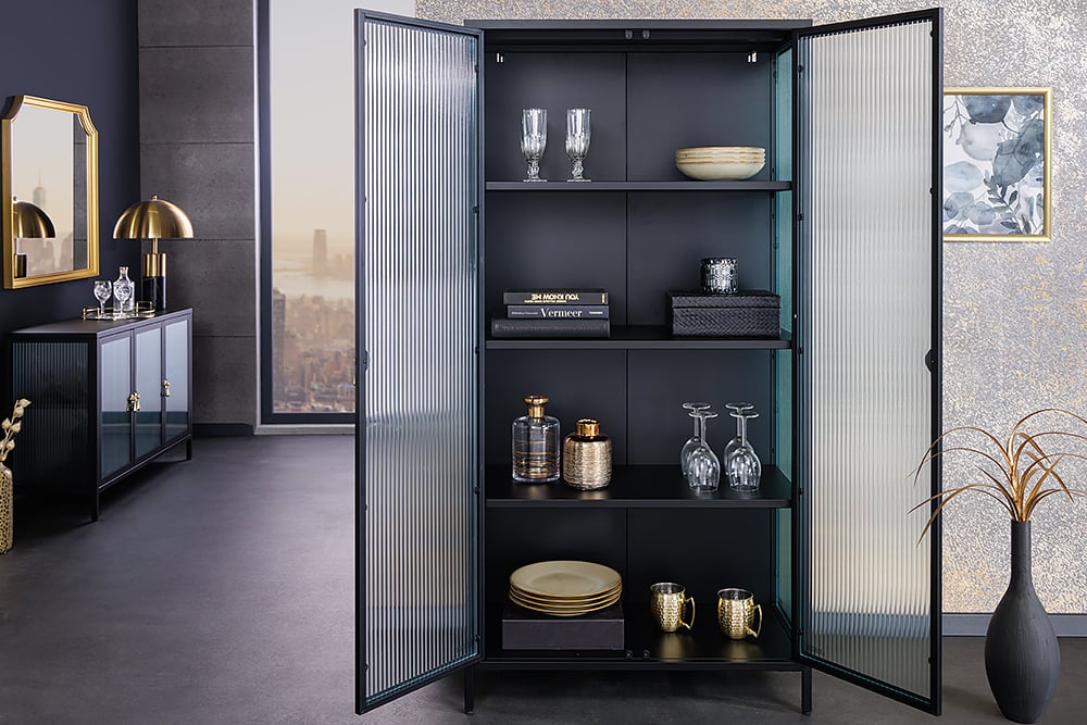Moderner Vitrinen-Schrank TRIADO 160cm schwarz Metall Riffelglas