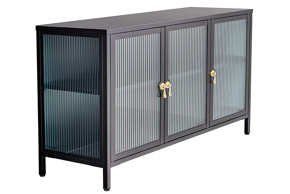 Modernes Vitrinen-Sideboard TRIADO 105cm schwarz Metall Riffelglas