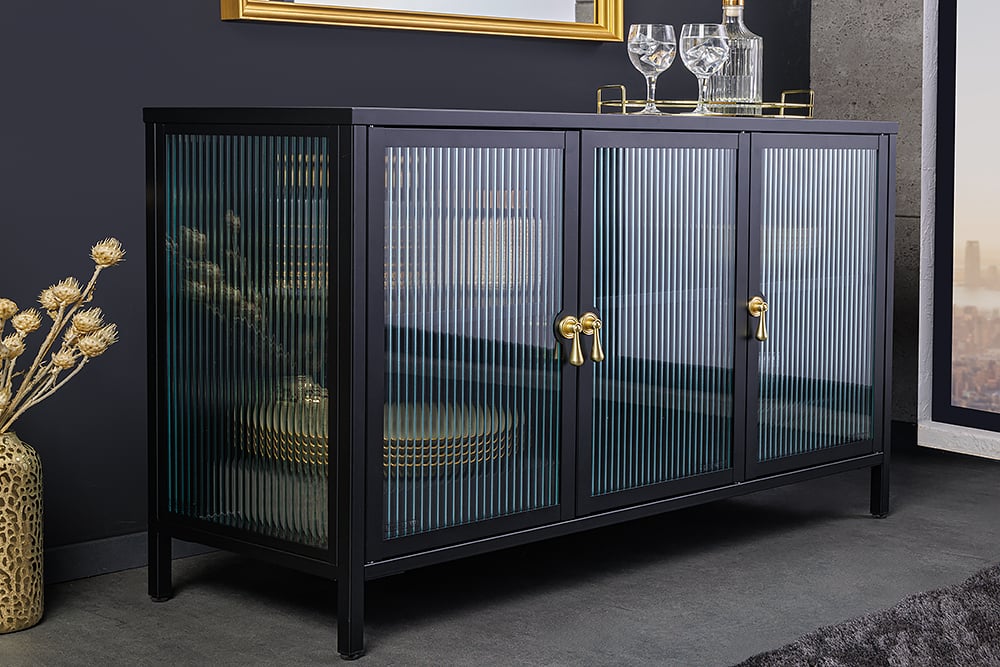 Modernes Vitrinen-Sideboard TRIADO 105cm schwarz Metall Riffelglas