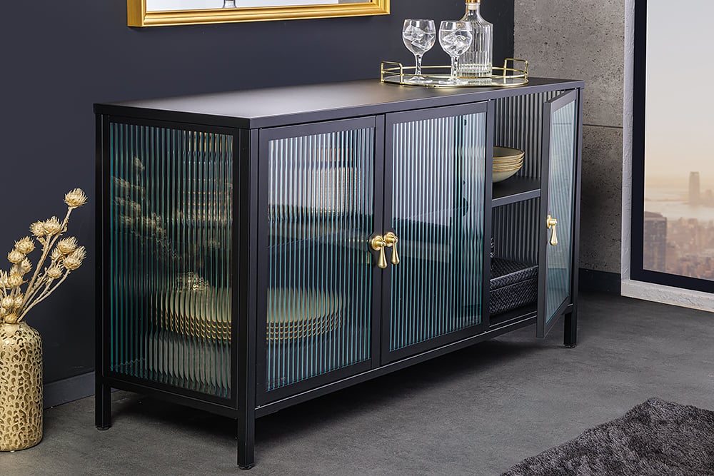 Modernes Vitrinen-Sideboard TRIADO 105cm schwarz Metall Riffelglas – LebensWohnArt