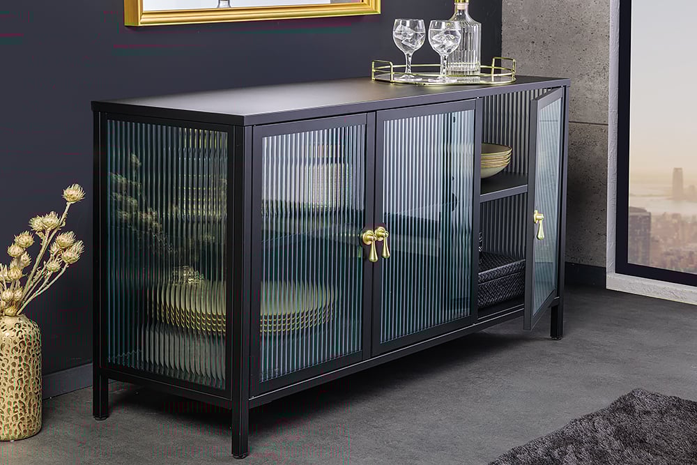 Modernes Vitrinen-Sideboard TRIADO 105cm schwarz Metall Riffelglas
