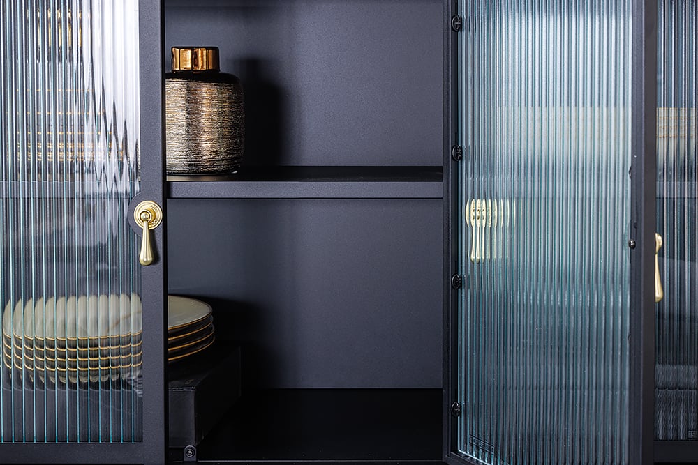 Modernes Vitrinen-Sideboard TRIADO 105cm schwarz Metall Riffelglas