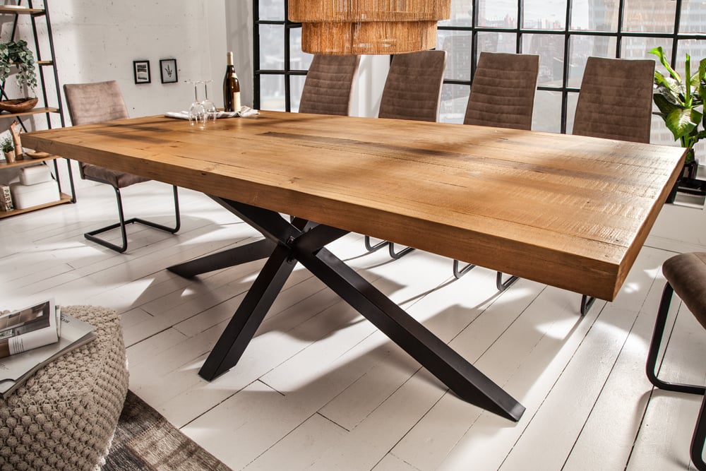 Massiver Esstisch PINO 240cm reycelte Pinie und Mikado-Gestell
