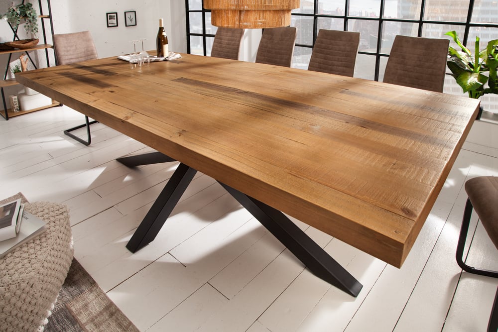 Massiver Esstisch PINO 240cm reycelte Pinie und Mikado-Gestell – LebensWohnArt