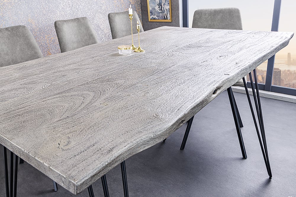 Industrie-Look Esstisch ALINA 140cm grau Akazie Baumkante – LebensWohnArt