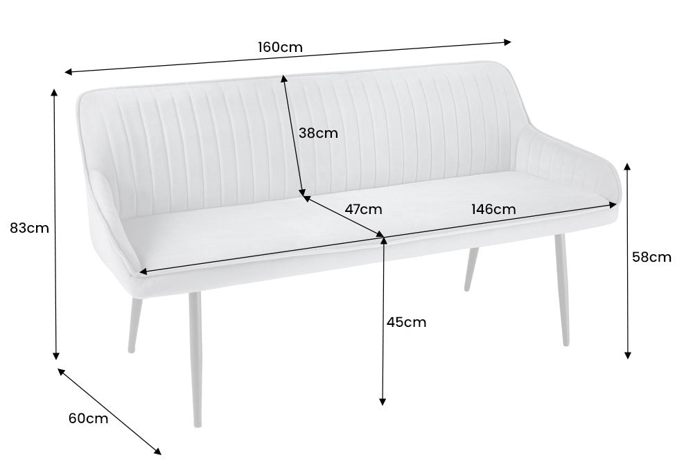 Elegante Sitzbank MILAN ca.160cm Samt grau Armlehnen