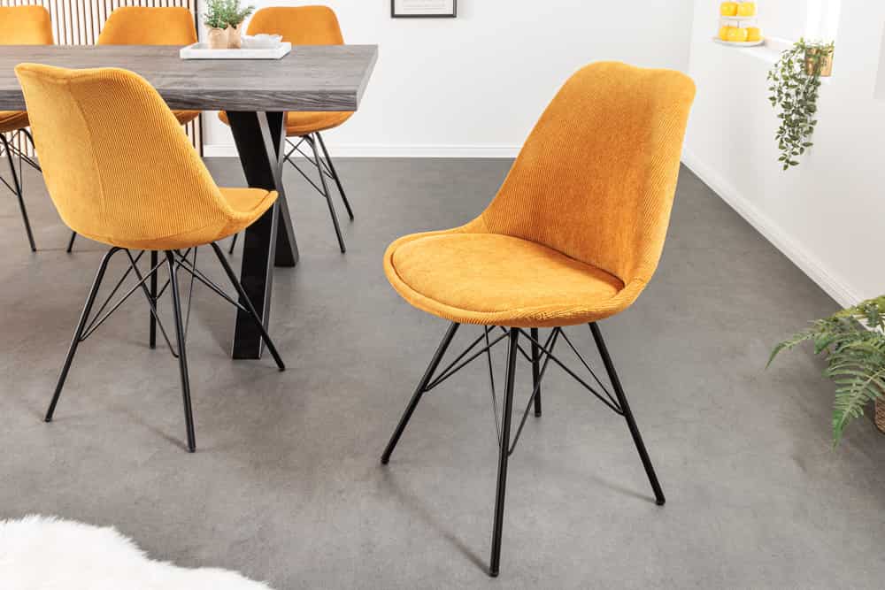 4er Set Design-Klassiker Stuhl NORWAY senfgelb Cord Metallgestell